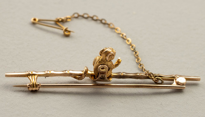 9 Carat Gold Monkey Bar Brooch - Monkey Holding Gold Coins, Bamboo
